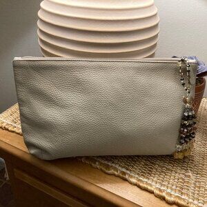 Leather Cream Color Clutch Cosmetic Purse with Beaded Tassel